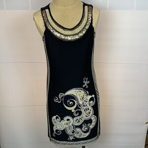 Dress Barn black with paisley print and metallic neckline sleeveless dress, Sz 4